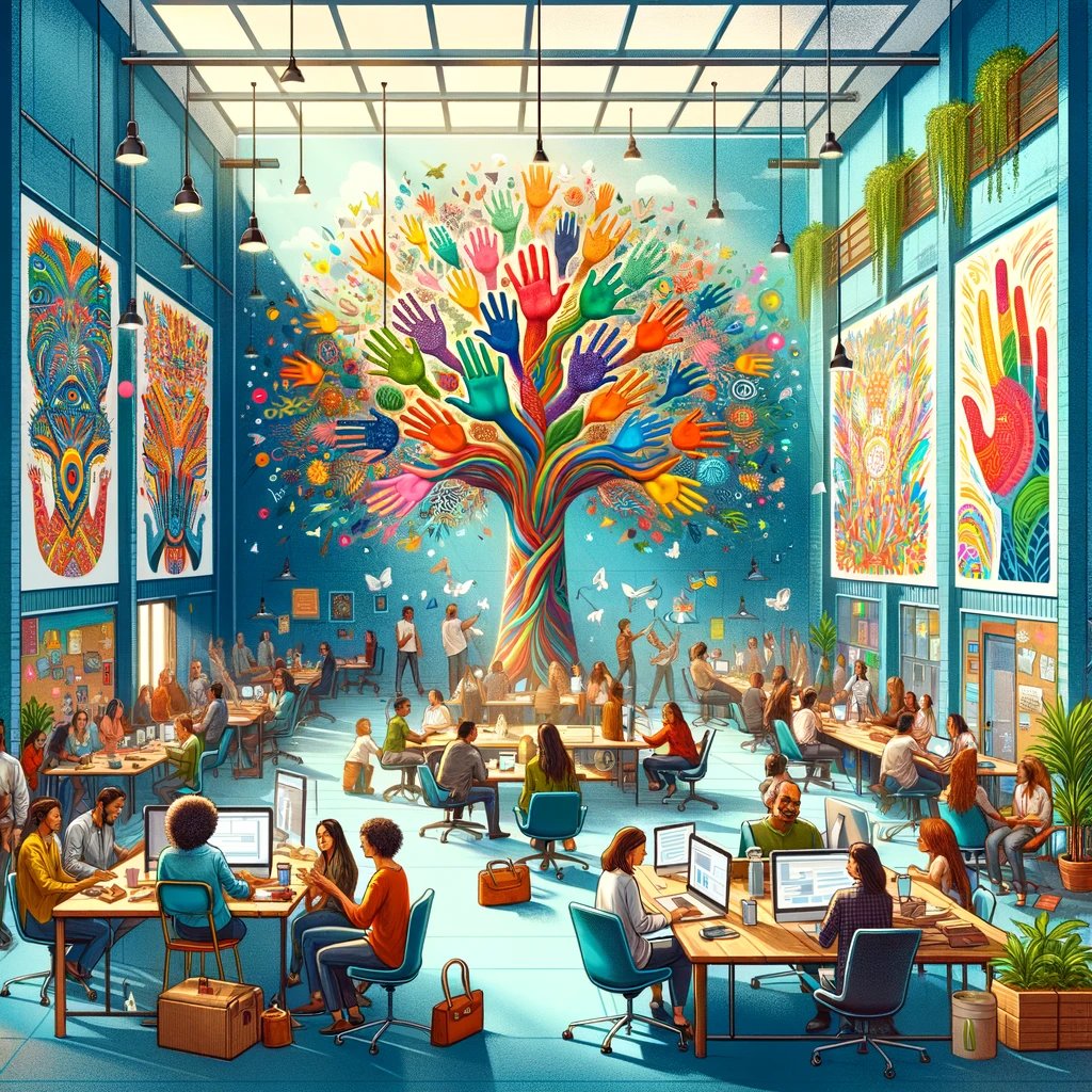 DALL·E 2024-02-13 20.50.48 - An illustration depicting the interior of a vibrant startup office, filled with diverse groups of people working together harmoniously. The office spa DALL·E 2024-02-13 20.50.48 - An illustration depicting the interior of a vibrant startup office, filled with diverse groups of people working together harmoniously. The office spa