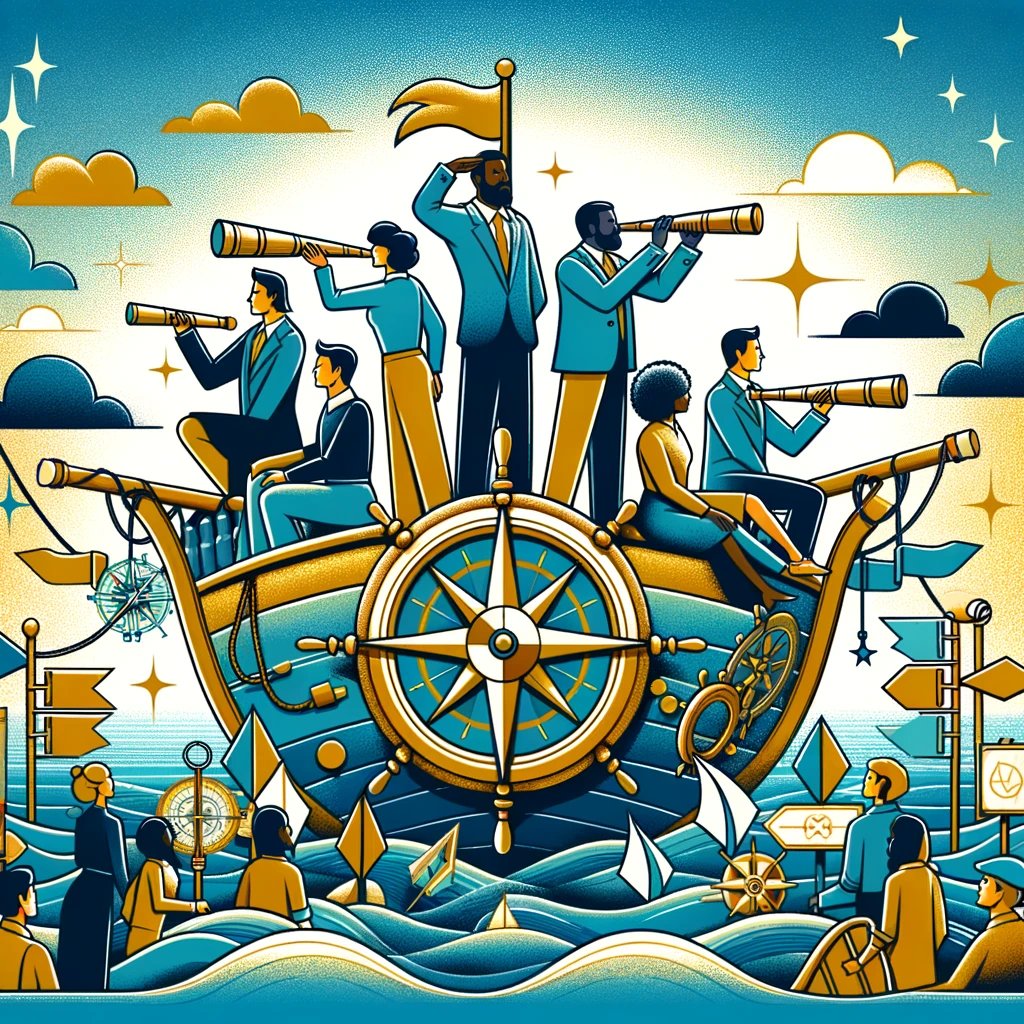 DALL·E 2024-02-13 20.57.51 - An illustration showcasing diverse leaders standing confidently at the helm of a ship, navigating through a sea of decisions represented by various si DALL·E 2024-02-13 20.57.51 - An illustration showcasing diverse leaders standing confidently at the helm of a ship, navigating through a sea of decisions represented by various si